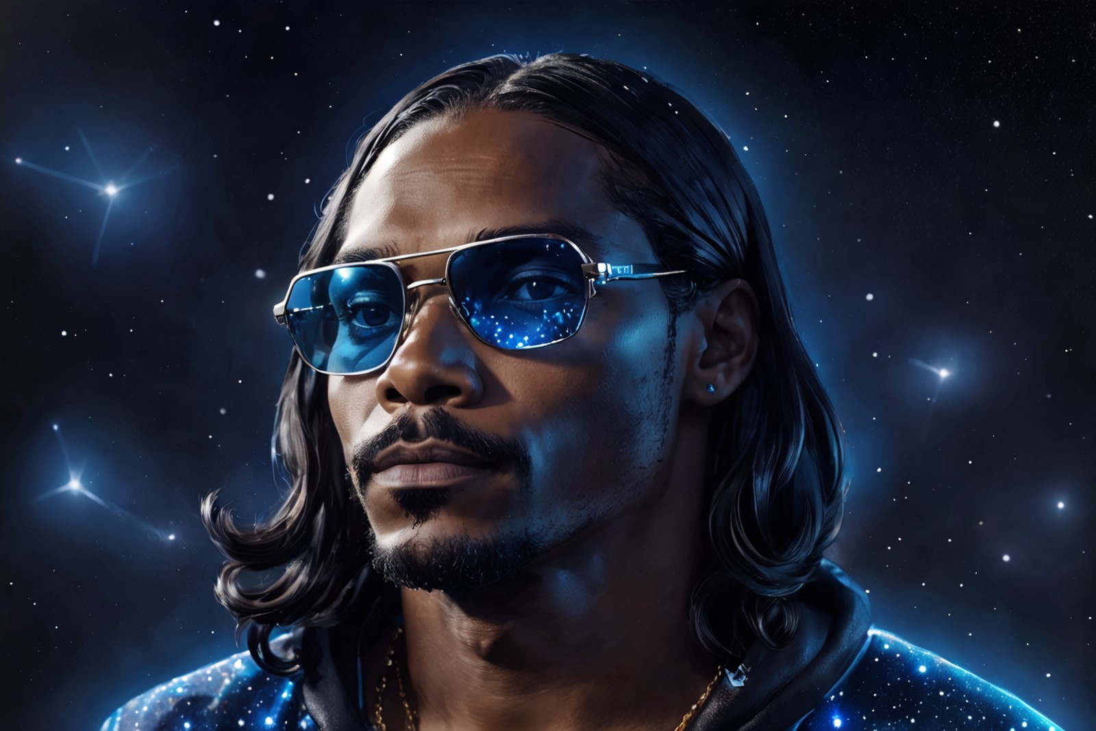 c0nst3llation, ((a fully transparent neon blue Snoop Dogg, made out of constellation style and signs with stars)), wearing...