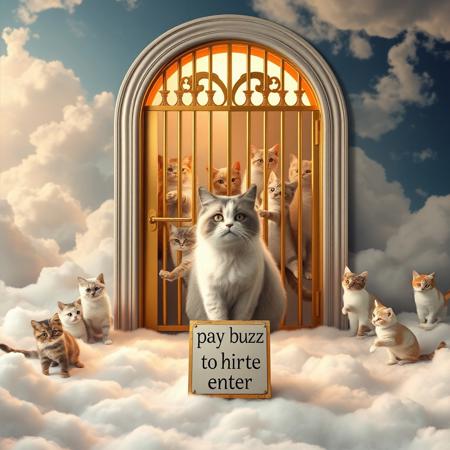 Ultra realistic. heaven, floor made with clouds, big golden barred door, many beautiful cute cats playing behind the door, a cat with beard and a beautiful white shining tunica,  a sign on the front of the door with the text "pay buzz to enter"