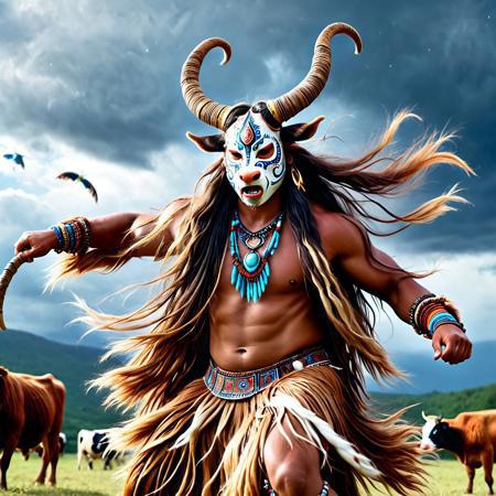 (made of w00kiee:1.5),
8k, score_9, score_8_up, score_7_up,
masterpiece,realistic,ultra detailed, vibrant colors,photo-realistic,
1 boy,Cow mask, cow horns, cow tail,cowboy shot,Focus on the chest,(Shaman dancing vigorously:1.5), (long hair flying, long hair undulating like a dragon flying in the sky:1.5), long hair fluttering in the wind, detailed depiction of hair, fang necklace, long skirted national costume, accessories, goldwork, detailed accessories, storm clouds, thunder, lightning,
