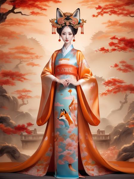 A coquetty woman with big eyes in an ornate Hanfu fits the description of the fox goddess Daji in the ancient Chinese myth "The List of Deities." Full-body photography blends tradition with modernity<lora:neg4all_bdsqlsz_xl_V6:1> <lora:Movecolor_Foxgirl_V1.0:0.5>