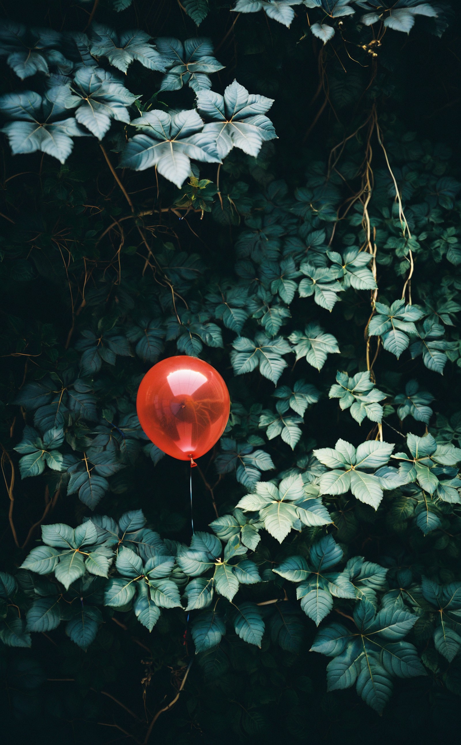 photography aesthetic,A solitary, vibrant red balloon floats among the green embrace of dense foliage, providing a stark, ...
