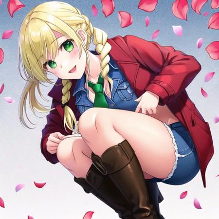 <lora:fetal_position2:1.0> , fetal position,  bent legs,   1girl, bandeau, bangs, belt, blonde hair, boots, braid, breasts, cleavage, denim, denim shorts, french braid, green eyes, hair between eyes, jacket, jacket removed, long hair, looking at viewer, medium breasts, navel, necktie, open mouth, petals, ponytail, red jacket, scrunchie, shorts, simple background, smile, solo, squatting, thighs, waist, white background