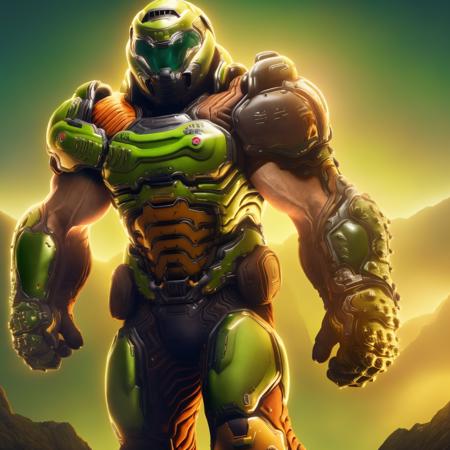 best quality, highres, absurdres, full body, accurate, solo, standing, valley, sunlight, 1boy, armor, clenched fists, boots, helmet, muscular, slayer,  <lora:doomslayer2:1>