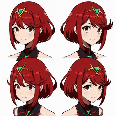 Highly detailed, High Quality, Masterpiece, beautiful, MultiView, <lora:HeadModelSheet:0.8>, Pyra \(xenoblade\), Pyra:1.2, red hair, red eyes, short hair, <lora:Char_Xenoblade_PyraMythraPneuma:0.5>