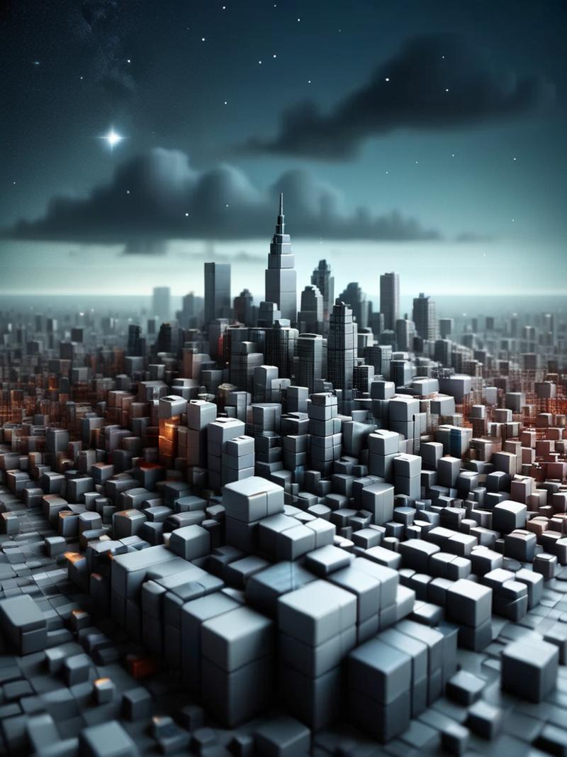A 3D model of a cityscape featuring a tall building and a star.