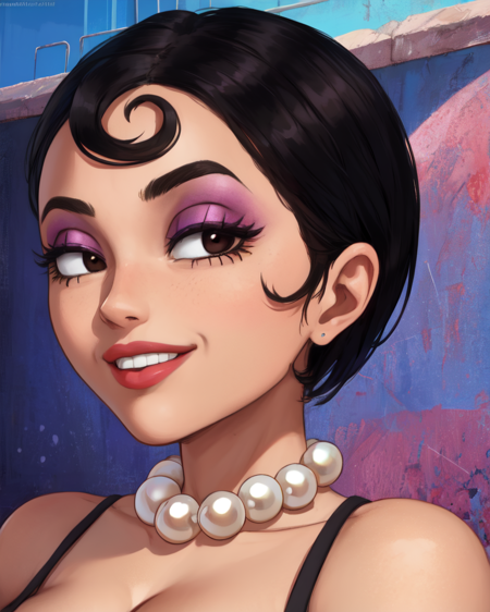 AgentQ,black hair,short hair,black eyes,eyeshadow,
black dress,pearl necklace,cleavage,
standing,upper body,smile,
movie theater,
(insanely detailed, beautiful detailed face,beautiful detailed eyes, masterpiece, best quality),solo,<lora:agenthoneydew:0.8>,