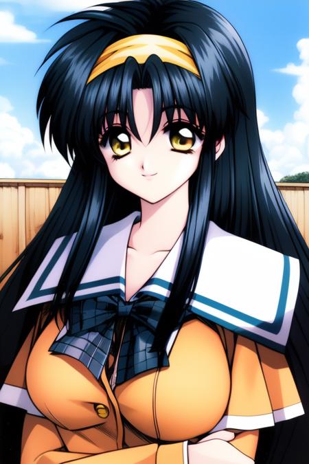 <lora:Akumu95_AoiKajitsunoSange:0.8>,akumu,  long hair,  hairband,  black blue hair, Yellow eyes, huge_breasts,
school uniform,   long sleeves,  blue_sky, school, cowboy Shot, plaid, smile, 
1990s \(style\), masterpiece, high quality, very_high_resolution, large_filesize, full color,