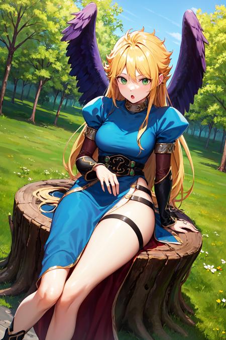 bbnina, blonde hair, long hair, green eyes, (purple wings:1.1), feathered wings, blue dress, puffy sleeves, long sleeves, thighs, side slit