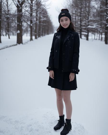 A girl in a black skirt was standing on the snow, and it was snowing in the sky