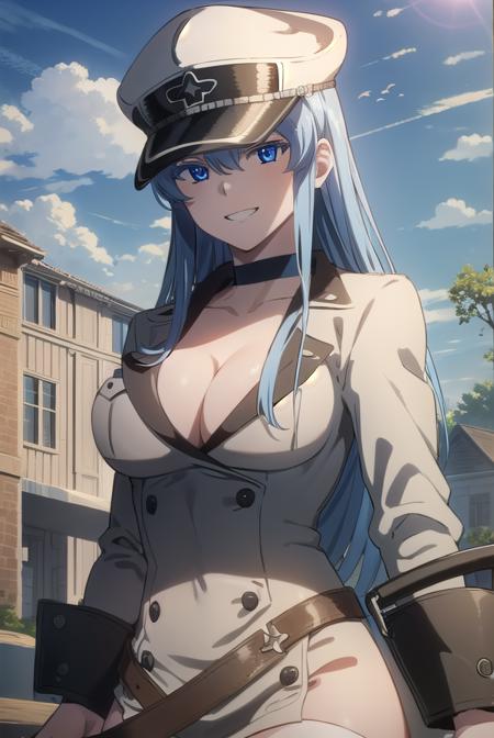 esdeath, <lora:agk esdeath s1-lora-nochekaiser:1>,
esdeath, blue eyes, blue hair, long hair, smile, grin,
BREAK boots, choker, cleavage, collarbone, hat, ice, military, military uniform, peaked cap, thigh boots, thighhighs, uniform,
BREAK outdoors, city, building, sky, sun, clouds, people, crowd,
BREAK looking at viewer, (cowboy shot:1.5),
BREAK <lyco:GoodHands-beta2:1>, (masterpiece:1.2), best quality, high resolution, unity 8k wallpaper, (illustration:0.8), (beautiful detailed eyes:1.6), extremely detailed face, perfect lighting, extremely detailed CG, (perfect hands, perfect anatomy),