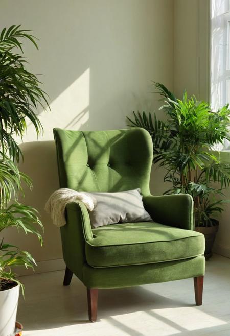 Cozy Green Interior
A green armchair by a sunlit window, paired with a lush potted plant, creating a serene and minimalist interior vibe.