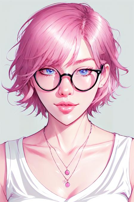 Photorealism Style,  white shirt,  round eyewear,  sleeveless,  simple background,  portrait,  collarbone,  jewelry,  necklace,  eyelashes,  artist name,  glasses,  parted lips,  red hair,  solo,  upper body,  short hair,  1girl,  shirt,  looking at viewer,  black background,  lips,  pink hair,  blue eyes, <lora:EMS-49351-EMS:0.600000>