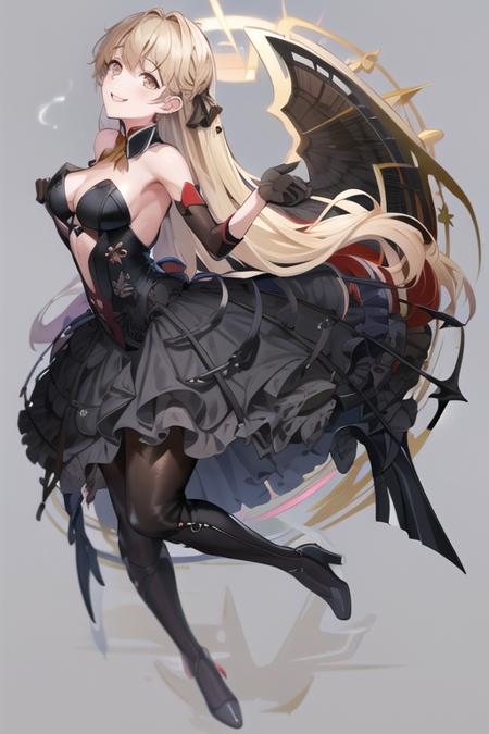 ppkgfl, (masterpiece:1.3), best quality, high quality, absurdres, 1girl, solo, hair ribbon, black dress, bare shoulders, detached sleeves, black gloves, (black pantyhose), black thigh boots, (high heel boots), smile, lying, knees up, arms at sides, simple background, <lora:ppkgfl_v26e2:1>