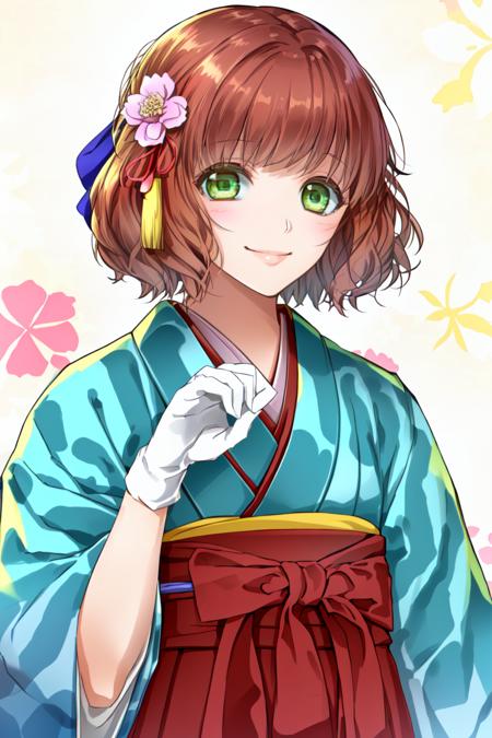 ichigestyle, 1girl, japanese clothes, green eyes, yagasuri, gloves, smile, kimono, flower, short hair, white gloves, brown hair, hair ornament, floral background, looking at viewer, hair flower, solo focus, hakama, red hair, hakama skirt, out of frame, asa no ha (pattern)