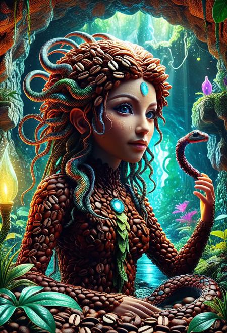 a  coffee bean medusa with wriggly snake hair  in a magical mythical setting, Cave whose walls are covered with shimmering plants, prismatic snakes, vibrant  surreal, whimsical, playful, intricate details, cinematic lighting, digital painting, trending on artstation, 8k, ultra-detailed, masterpiece, fantasy art,  mythical creatures,  magical atmosphere, ,<lora:SankeHairILL:1>,