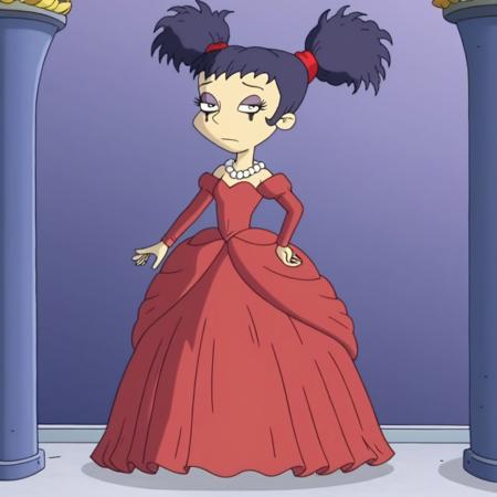 1girl, solo, kimi_finster, dark black hair, twin tails, white skin, Very long large floor length wide straight tulle black and red long sleeved princess ball gown hoop skirt, ball gown hoop skirt, black and red princess dress, white pearl necklace, hoopdress, my big princess gypsy wedding dress, ballgown, a girl in a dress posing like a princess for a picture, goth makeup looking at viewer, half closed eyes, closed mouth, she is posing like a goth girl, she is walking like a quinceanera model