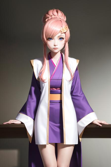 masterpiece, best quality, highres, 1girl lacus clyne pink hair blue eyes, ponytail open clothes vest uniform long sleeves purple sleeves purple kimono japanese clothes <lora:lacus_clyne_anime_remake_white_coat_purple_kimono:1> standing, photorealistic