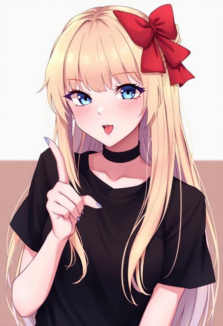 ource_anime, minako aino, blonde hair, blue eyes, bow, hair bow, half updo, long hair, red bow,
black shirt, t-shirt, black choker, goth, eyeliner, eyeshadow double middle finger, tongue out