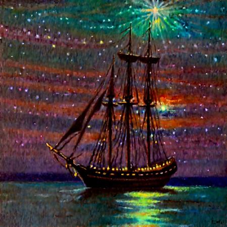 Arcpastel of a ship with rope and a sail and dark aquamarine water reflects white mystical starlight miracle (supernova:3) from within a blue twilight sky, Symbolism, genre painting, boats and ships, lonely figures, boat, mast, sail, miracle