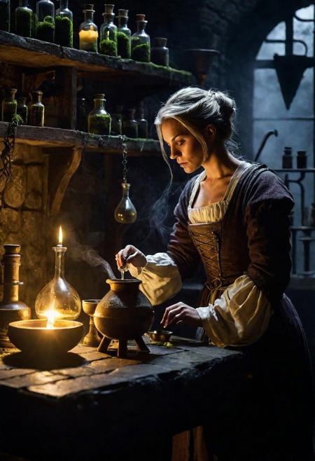 Generate an image of a concentrated female alchemist mixing a potion in his gloomy and mysterious laboratory in a dungeon. The laboratory is lit only by a dim candlelight source and contains narrow, glowing vials in various shapes, herbal ingredients, a bowl and a pestle. The walls of the dungeon are overgrown with moss and covered in cobwebs. Create a mysterious aura around the alchemist.