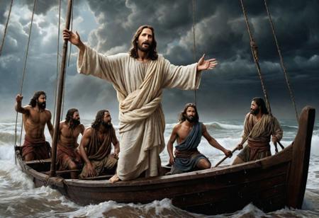 highly detailed photograph of jesus welcomed aboard his  disciples soaked sailboat , epic biblical depiction,  coming out of the ocean, they come ashore, the weather is calmed, storm is far away, rocks and snad of the shore seen on the picture