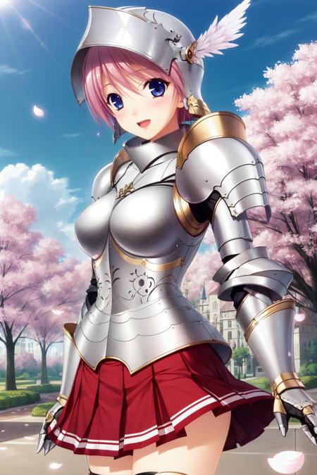 mioarm, 1girl, solo, helmet, plume, shoulder armor, breastplate, gauntlets, pleated skirt, armor, smile, open mouth, cowboy shot, cherry blossoms, petals, castle, building, sky  <lora:miowal_V3-11:0.7>