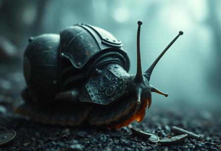Close Up shot of a Battle snail, armour shell, cyborg parts, creepy, dark movie atmosphere, fog, natural light, cyberpunk background