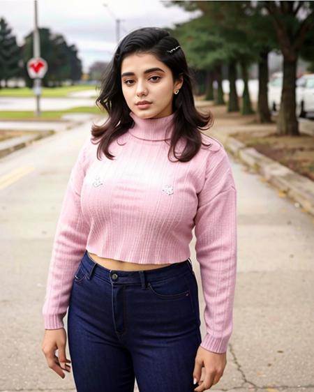 full_body photo of a ktka woman, intricate Plum turtleneck sweater,  solo, light lipstick, outdoors in crosswalk, background bokeh    <lora:ktka_Ketika_Sharma_SD15_LoRA_prodigy_local_regs_50epochs-000040:1>