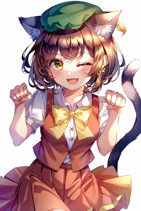 pinastyle, perfect image, 1girl, chen, animal ears, tail, cat ears, brown hair, multiple tails, cat tail, hat, one eye closed, mob cap, earrings, solo, jewelry, simple background, single earring, nekomata, white background, bowtie, bow, short hair, yellow bowtie, green headwear, red vest, yellow bow, short sleeves, red skirt, skirt, puffy sleeves, open mouth, paw pose, fang, dress, shirt, vest, white shirt, smile, animal ear fluff