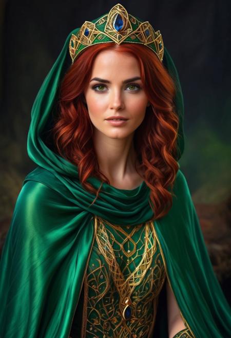 Stunning, detailed fantasy portrait of a young and beautiful sorceress. She has deep brown eyes and red hair that falls in loose waves over her shoulders. Her attire consists of a richly embroidered cape in shades of emerald green and gold, complemented by a green silk tunic underneath. On her head, she sports a shiny golden blue sapphire tiara. Her facial expression is a mix of wisdom and determination, with a discreet smile.