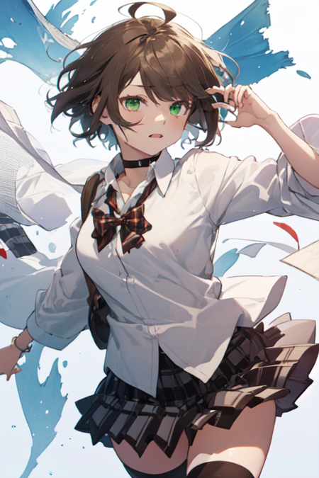 AkaneFujisaki, 1girl, short hair, checkered skirt, brown hair, white shirt, thighhighs, medium breasts, school uniform, green eyes, ahoge, pleated skirt, choker, collared shirt, miniskirt, bowtie, plaid skirt, red bowtie, sleeves rolled up, 