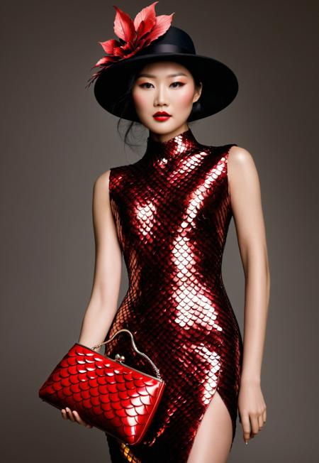 Create a fp1 high fashion editorial photograph of a stunning ((Aiko Tanaka:1.0)), Japanese woman, long black hair, sfw. She wearing an extraordinary haute couture design crafted from artfully arranged scales. The gown should feature a gradient of scaleboundsdxl scales with blood-red and crimson at the neckline, transitioning to deep burgundy and ruby at the bodice, then flowing through pearl-white with rose-gold undertones, finally ending in black toward the trailing hem. Each scale should be meticulously placed to create organic patterns that accentuate the model's silhouette while catching light in mesmerizing ways. She is wearing an extraordinary hat. The hat should be  crafted entirely from scales in shades of vermilion and garnet that catch and reflect light in mesmerizing patterns.  Include sculptural earrings resembling stylized fish fins rendered in metallic red, and an avant-garde clutch purse adorned with precious scales in ruby and carnelian hues. The lighting should create dramatic shadows while highlighting the fiery reflections from the red scales, suggesting both luxury and danger. The overall composition should evoke the refined aesthetic of Vogue or Harper's Bazaar, photographed with the technical brilliance of Paolo Roversi or Tim Walker, creating an image of absolute luxury and high fashion artistry.negativeXL_D, fp1, scaleboundsdxl