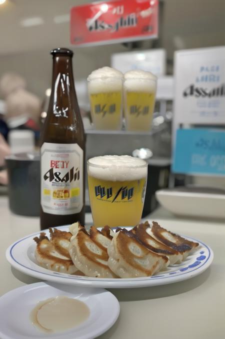 gyouza, plate, still life, food, realistic, blurry, food focus, blurry background, depth of field, beer, indoors, bottle