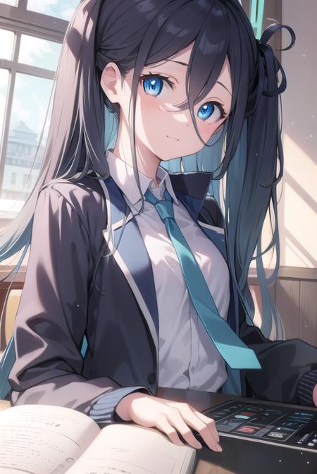 bluearchivearis, <lora:bluearchivearis-lora-nochekaiser:1>, 
aris, black hair, blue eyes, hair between eyes, halo, long hair, one side up, hair ribbon, (flat chest:1.2),
BREAK necktie, blue necktie, jacket, skirt, school uniform, white shirt, collared shirt, black skirt, white jacket, long sleeves,
BREAK looking at viewer, 
BREAK indoors, classroom,
BREAK <lyco:GoodHands-beta2:1>, (masterpiece:1.2), best quality, high resolution, unity 8k wallpaper, (illustration:0.8), (beautiful detailed eyes:1.6), extremely detailed face, perfect lighting, extremely detailed CG, (perfect hands, perfect anatomy),