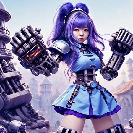 <lora:grabbygrills:1>, grabbygrills,  beautiful korean woman with  (oversized mechanical gauntlet fists), blue maid outfit, purple hair, castle background, (perfect face, perfect hair:1.24)