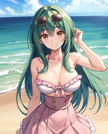 best quality, masterpiece, highres, detailed, perfect anatomy,  <lora:Detail - add_detail:0.2> , TokohaV,  long hair, green hair, orange eyes, sunglasses on head, beach, strapless shirt, pink skirt, high-waist skirt, white shirt,   <lora:Tokoha:0.8>, frilled bikini, smile