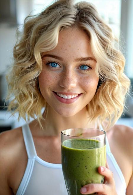 Drinking smoothie, wide-angle view, ((full-figure visible:2.0)), entire body in frame, kitchen overview, ((spacious composition:1.5)), head to toe in shot, standing in kitchen, kitchen advertisement, full body, lips touching glass, glass in front of mouth, (open mouth:1.2), DRINKING, (SMOOTHIE:2.0), drinking smoothie, ((BLUE SMOOTHIE)), smoothie in glass, perfect fruits, perfect glass, perfect fingers,  gym clothing, sports clothes, white top, white sporttop, athletic clothing, happy, smiling, laughing, beautiful girl, short light blonde wavy hair, above shoulder length blond curly hair, bob cut, blue eyes, blue eyes:1.1, perfect eyes, extremely detailed eyes, extremely detailed face, textured skin, photorealistic, hyperdetailed:1.2, insane details, natural look, cute face, stunningly beautiful, pale skin, freckles, blush, detailed skin, extremely detailed, 1girl, shoulders, arms, breasts, hips, hands, perfect hands, perfect feet, perfect eyes, perfect nails, upper legs, legs, happy, open mouth, perfect teeth, in the kitchen, marble kitchen block, modern kitchen, 4K, RAW, best quality, masterpiece, ultra-detailed, hyperrealism:1.2, RAW photo, best quality, realistic, photo-realistic:1.3, best quality, masterpiece, extremely delicate and beautiful, extremely detailed natural lighting, bokeh:1.2, Porta 160 color, shot on ARRI ALEXA 65, Fujifilm XT-3, WARMER LIGHTING, sunny kitchen, warm sunlight, sun rays, inviting atmosphere