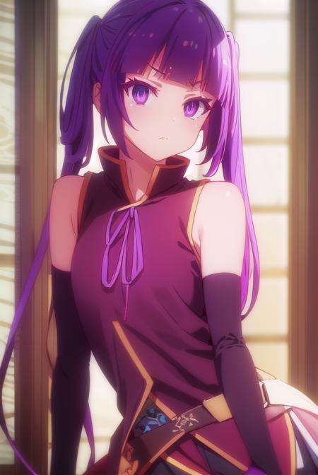 chlammyzell, <lora:chlammy zell s1-lora-nochekaiser:1>,
chlammy zell, long hair, (purple eyes:1.1), purple hair, bangs, blunt bangs, twintails, hair rings,
BREAK detached sleeves, bridal gauntlets, gloves, dress, elbow gloves,
BREAK indoors, classroom,
BREAK looking at viewer, (cowboy shot:1.5),
BREAK <lyco:GoodHands-beta2:1>, (masterpiece:1.2), best quality, high resolution, unity 8k wallpaper, (illustration:0.8), (beautiful detailed eyes:1.6), extremely detailed face, perfect lighting, extremely detailed CG, (perfect hands, perfect anatomy),