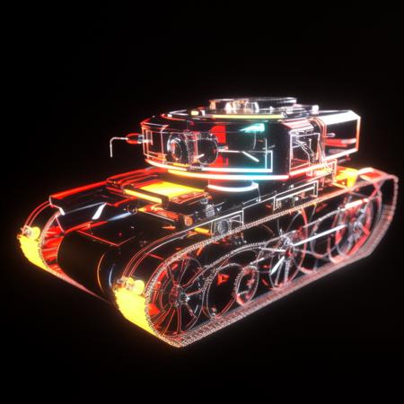 a (shineglasscd, neon lights, light particles, colorful:1.3, gradient, chromatic aberration) tank, armored tank, (solo:1.2), <lora:shineglasscd-000027:0.7>, no humans, high quality, masterpiece, realistic, photorealistic, (dark background, lens flare, blurry, dof, full body)