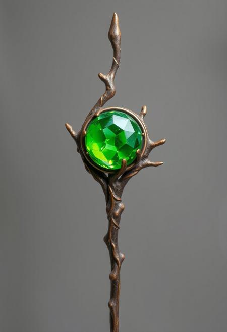 A Highly Detailed Ancient Branch shaped Scepter With A Lime green Gem embedded in it