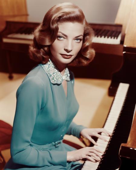 laurenbacall <lora:laurenbacall:0.6>, Best quality, masterpiece, ultra high res, (photorealistic:1.4), 1girl, a woman sitting at a piano posing for a picture