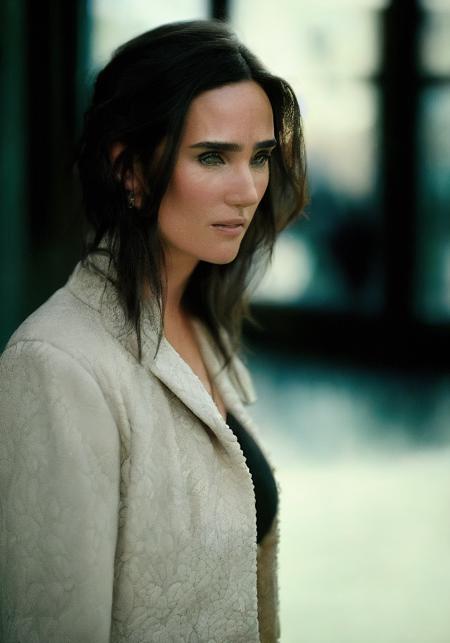 jennifer connelly (sharp focus:1.2), photo, attractive young woman, (beautiful face:1.1), detailed eyes, luscious lips, (winged eyeliner:0.85), (tight body:1.2), (dark hair:1.2), wearing (jacket:1.2) at a (shop:1.2). (moody lighting:1.2), depth of field, bokeh, 4K, HDR. by (James C. Christensen:1.2|Jeremy Lipking:1.1).