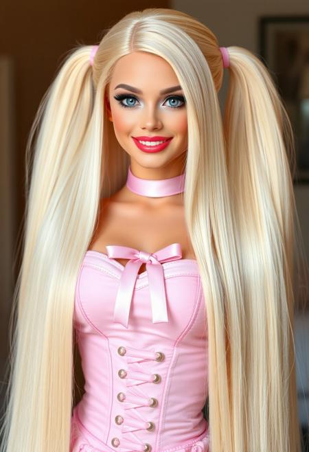 a professional photo of a hair model, looks like a Barbie doll, extremely long straight blonde hair, mega twintails, big blue eyes, glamorous makeup, pink lipstick, smiling, pink corset dress, pink choker with bow, narrow hips