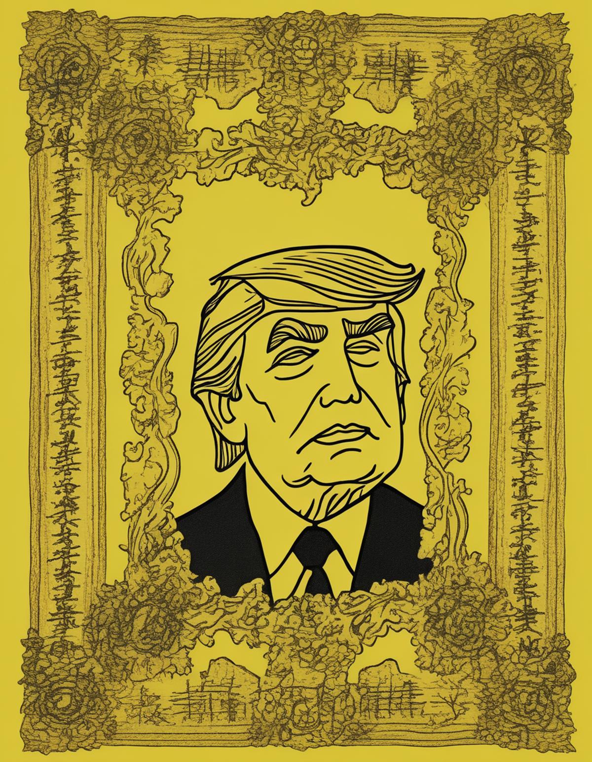 A photorealistic image of a portrait of Donald Trump printed on a yellow piece of paper. The paper should look aged, with ...