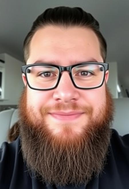 Selfie of a 32 year old male, [chubby, husky,] Face: Brad Fox, attractive face, white, American, [Mexican], long dark hair with shaved sides, hair in a ponytail, [sad eyes], brown eyes, small nose, (full lips), thick long groomed beard, digital photograph, black rectangle glasses. confident face, [smile], wearin a black shirt, realistic skin texture, [blemishes]