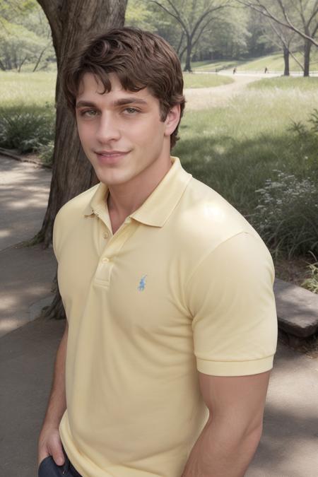 from above closeup face portrait photo of sc_brandon <lora:sc_brandon_cleancut-08:0.50> posing in New York City Central Park wearing a fitted blue and yellow unbuttoned Ralph Lauren polo shirt, (smirk:0.5), candid shot, bold confident demeanor, soft diffused lighting, shallow depth of field, strong assertive pose, natural lighting, golden hour