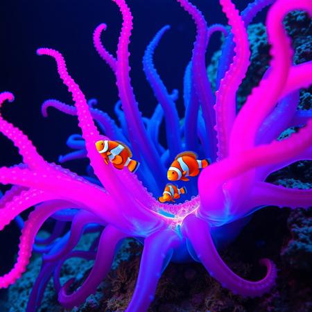 National geographic photo, high res, anenome , vivid electric neon pink and blue colours, tentacles spread and writhing, orange and white clownfish amongst the tentacles, underwater, deep blue ocean, slightly surreal, hyperreal.