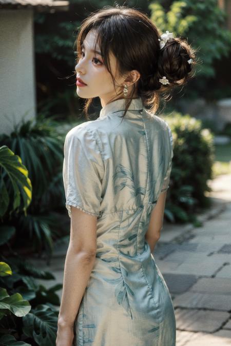 blurry, depth_of_field, earrings, 1girl, blurry_background, jewelry, blurry_foreground, solo, dress, hair_bun, lipstick, brown_eyes, makeup, brown_hair, looking_back, photo_\(medium\),extremely detailed CG unity 8k wallpaper,masterpiece, best quality, ultra-detailed, beautiful detailed eyes:1.2,best illumination, (best shadow, an extremely delicate and beautiful, bloom),(masterpiece:1,2), best quality, masterpiece, highres, original, extremely detailed wallpaper, perfect lighting,(extremely detailed CG:1.2), drawing, paintbrush,<lora:qipaoxiezhen:0.7>,<lora:ç»èè°æ´ add_detail:0.8> <lora:å­å´ MengX girl_Mix_V40:0.8>