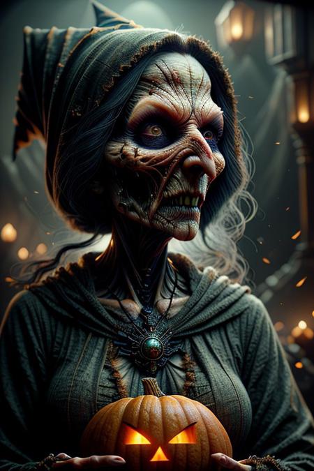 an evil witch carrying a pumpkin around town on Halloween, she has orange glowing eyes, dark night, HalloweenGlowStyle, ral-wtchz, CyberRealistic_Negative, ral-wtchz