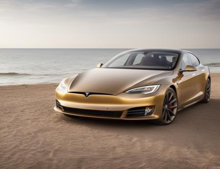 portrait of a shiny gold tslas,on a beach, outdoors, sunny, clouds